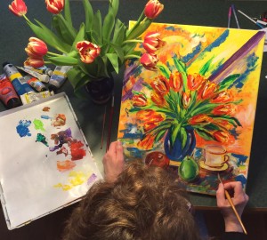 painting tulips overhead view
